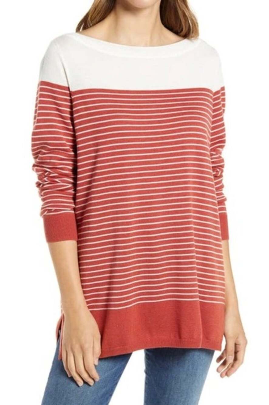 Caslon Colorblock Stripe Sweater Rust Stripe Knit Blouse Womens Long Sleeve XL